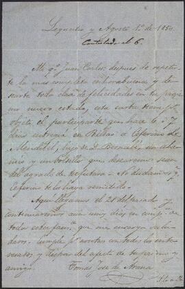 Carta de Tomás José de Arana a Juan Carlos de Aréizaga.