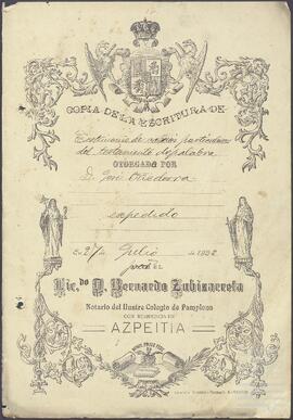 Testimonio de la protocolozación, testamento de palabra y auto de aprobación del testamento de José Oñederra Aréizaga.