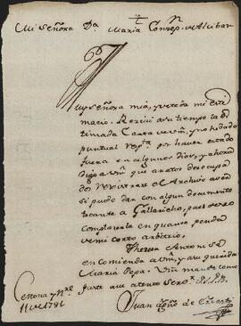 Carta de Juan Ignacio de Errazti dirigida a Concepción de Alcíbar.