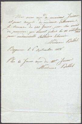 Recibos otorgado por las mesdames Bellas en favor de Joaquín de Yrízar.