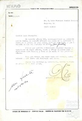 Carta del director de la revista 'Ritmo' dirigida a Luis Fernando Guridi Ispizua.