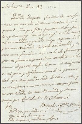 Carta de Bernabé María de Otálora dirigida a Joaquín de Yrízar.