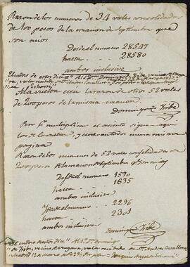 Anotaciones firmadas por Domingo de Yribe de los números de los vales reales de su propiedad.
