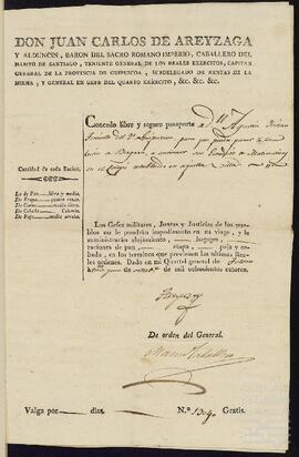 Pasaporte de Agustín de Yrízar Moya para pasar a Vergara.