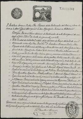 Certificación de la partida de bautismo de Manuel Miquel Cuñat.