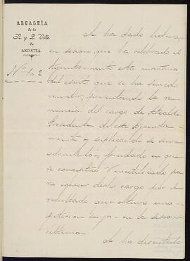 Admisión de la renuncia de alcalde de Ignacio de Yrízar Palacios.