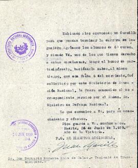 Comunicación del Director Accidental del Instituto Nacional Agronómico dirigida a Bernardo de Mesanza.