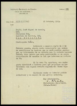 Correspondencia entre José Miguel de Azaola Urigüen y diferentes personalidades del Instituto Británico en España.