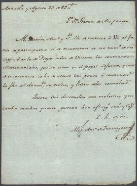 Carta de Miguel Antonio de Inurrigarro dirigida a Fermín José de Aizpuru.