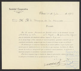 Cartas de la Sociedad Cooperativa de Electricidad dirigidas a José María de Zavala Ortés de Velasco.