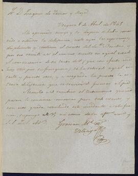 Carta Gracián María de Urteaga a Joaquín de Yrízar Moya remitiéndole el testimonio de la entrega del libro de cuentas de las obras pías y capellanías de Pedro de Esaube.