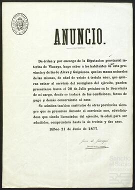 Anuncio de la Diputación Provincial de Vizcaya relativo al reclutamiento de mozos para entrar al servicio del reemplazo del ejército.