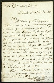 Carta de Antonio María de Lecuona dirigida a Víctor de Munibe.