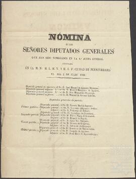 Nómina de los Diputados Generales nombrados en la 1º Junta General celebrada en Fuenterrabía.
