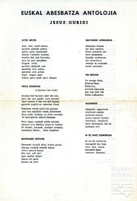 Hoja en la que aparecen las letras de las canciones del disco dedicado a Jesús Guridi de la Euskal Abesbatza Antolojia.