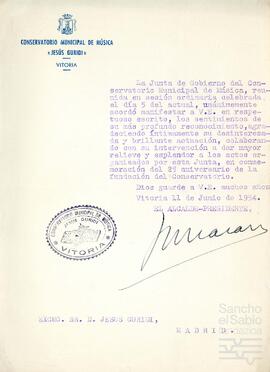 Comunicación del Conservatorio Municipal de Música Jesús Guridi de Vitoria dirigida a Jesús Guridi.