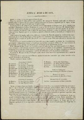 Acta de la tercera junta de la Diputación de Guipúzcoa del 4 de julio de 1871.