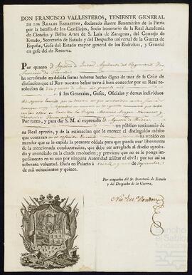 Concesión a Agustín de Yrízar Moya del uso de una cruz de distinción.