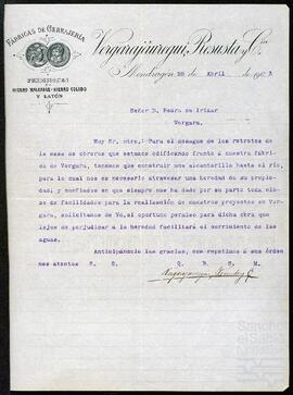 Carta de Vergarajáuregui, Resusta y Compañía dirigida a Pedro de Yrízar Ubillos.
