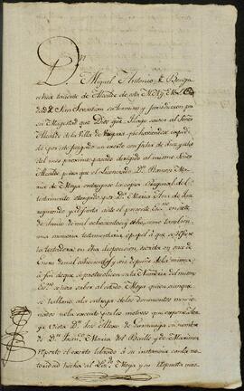 Requisitoria dirigida a Ramón María de Moya para que entregara la copia original del testamento y disposiciones testamentarias de María Ana de Jaureguiondo.
