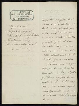 Carta de José Manterola a Joaquín de Yrízar Moya dándole las gracias por su donativo.
