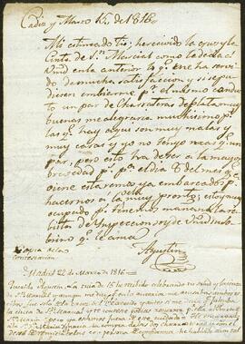 Carta de Agustín de Yrízar Moya dirigida a su tío Ramón María de Moya.