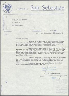 Carta de la sucursal de San Sebastián de Viajes Meliá dirigida a Joaquín de Yrízar.
