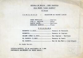 Programa de un concierto en la Escuela de Música Jesús Guridi por el centenario de dicho compositor.