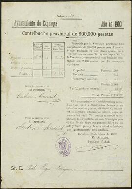 Avisos del Ayuntamiento de Ezquioga dirigidos a Pedro de Yrízar para el pago de la contribución provincial.