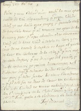 Carta de José Manuel de Aizpuru dirigida a su padre.