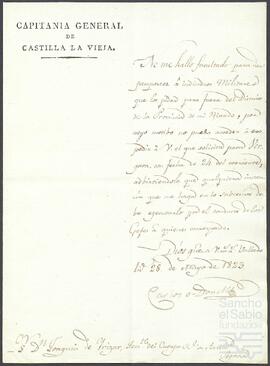 Oficios de la Capitanía General de Castilla la Vieja dirigidos a Joaquín de Yrízar.