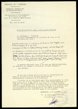 Formulario de la denuncia presentada por José Miguel de Azaola a la Direction Generale de la Police Nationale.
