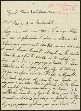 Carta de Esteban Aranzábal dirigida a Lorenzo Ruiz de Arechavaleta.