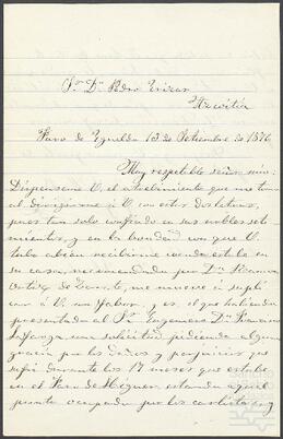 Carta de Gregorio Pérez dirigida a Pedro de Yrízar.