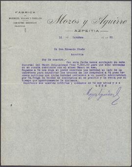 Carta de la compañía Mozos y Aguirre dirigida a Ricardo Otaño.
