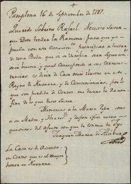 Carta de Joaquín María de Alcíbar dirigida a Rafael de Palacios.