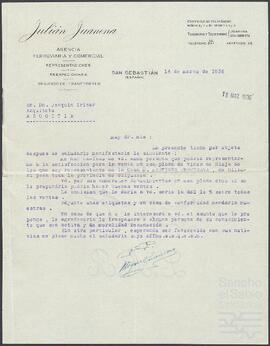 Carta de la agencia comercial Julián Juanena dirigida a Joaquín de Yrízar.