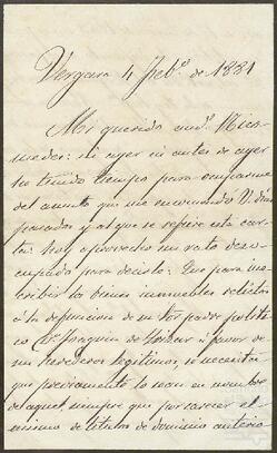 Carta de Fernando María de Egaña dirigida a Nicomedes de Urdangarín.