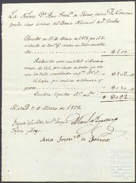 Cuenta del dinero líquido perteneciente a Ana Francisca de Irimo por 5 acciones del Banco Nacional de San Carlos.