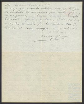 Carta de Carlos Ajuria a José María de Zavala Ortés de Velasco.