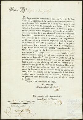 Oficio del Ayuntamiento de Vergara dirigido a Joaquín de Yrízar Moya.