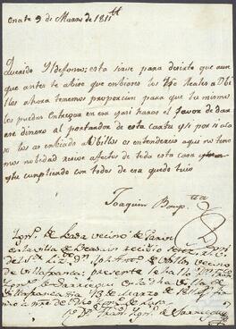Carta de un tal Joaquín Bautista dirigida a Ildefonso de Achúcarro.