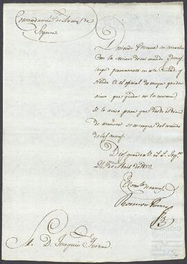 Oficio del Comandante de Armas de Segovia dirigido a Joaquín de Yrízar.