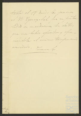 Carta de Andrés de Egoscozábal a José María de Zavala Ortés de Velasco.