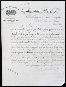 Carta de Vergarajáuregui, Resusta y Compañía dirigida a Pedro de Yrízar.