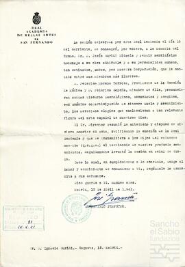 Comunicación de la Real Academia de Bellas Artes de San Fernando dirigida a Ignacio Guridi.