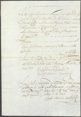 Cuentas de los gastos del entierro, funeral y misas de Manuel de Mújica.