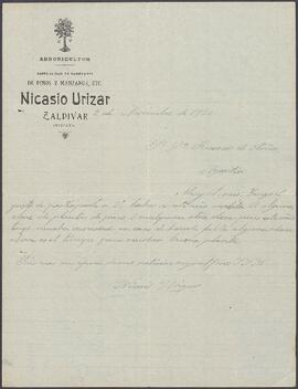 Carta de Nicasio Urízar dirigida a Ricardo Otaño.