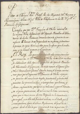 Certificación del nombramiento de Francisco de Ubillos como subteniente del segundo batallón de la segunda compañía de voluntarios de Guipúzcoa.