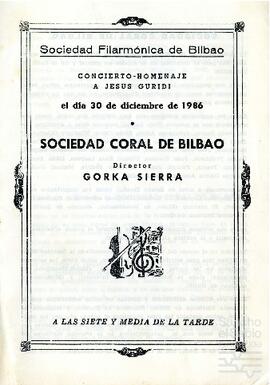 Programas de mano del concierto homenaje de la Sociedad Filarmónica y la Sociedad Coral de Bilbao a Jesús Guridi por el centenario de su nacimiento.